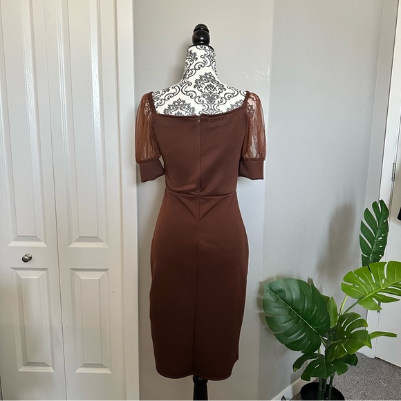 Brown Mesh Puff Sleeve Dress - Picture 2 of 4